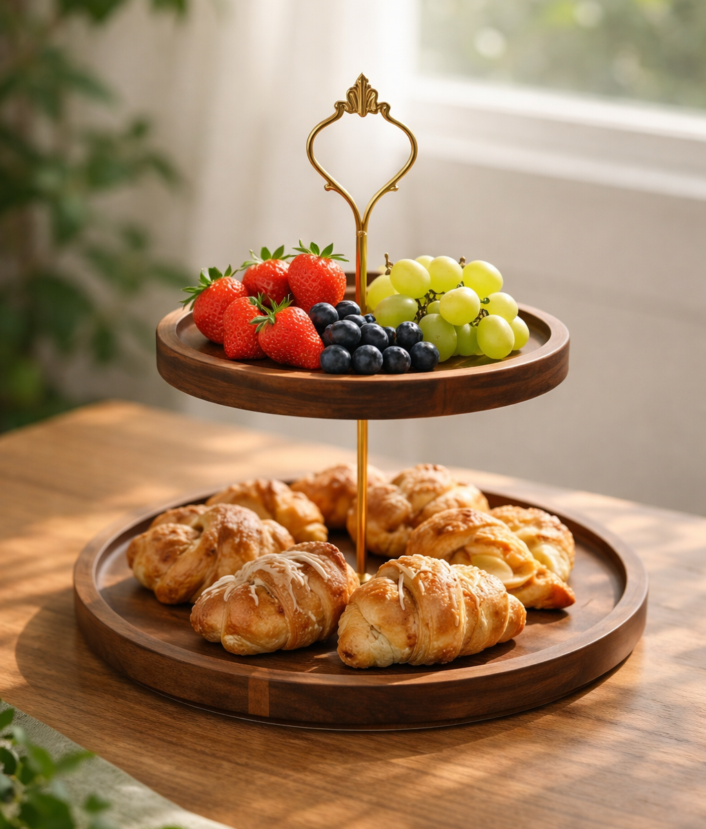 Two-tiered wooden fruit and pastry stand with strawberries, grapes, and croissants on a wooden surface.