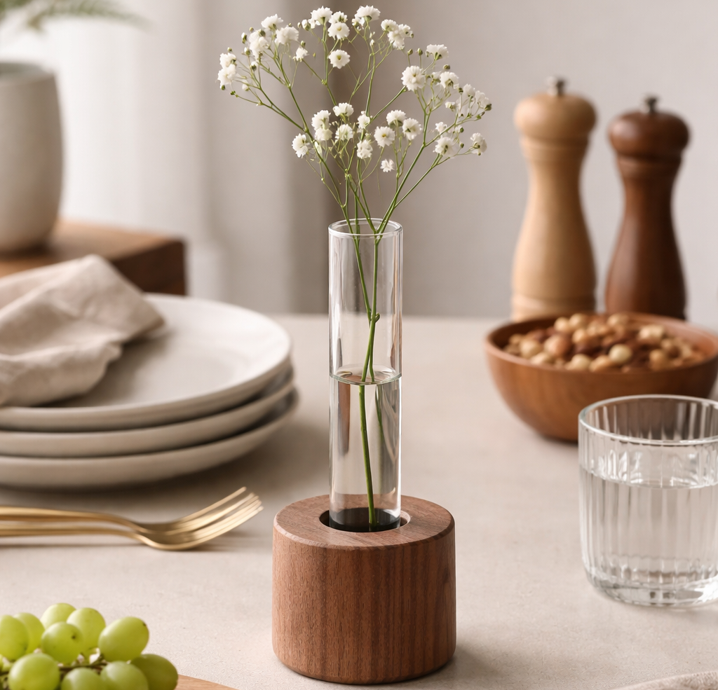 Table setting with a vase of flowers, cheese, grapes, and nuts on a wooden board.