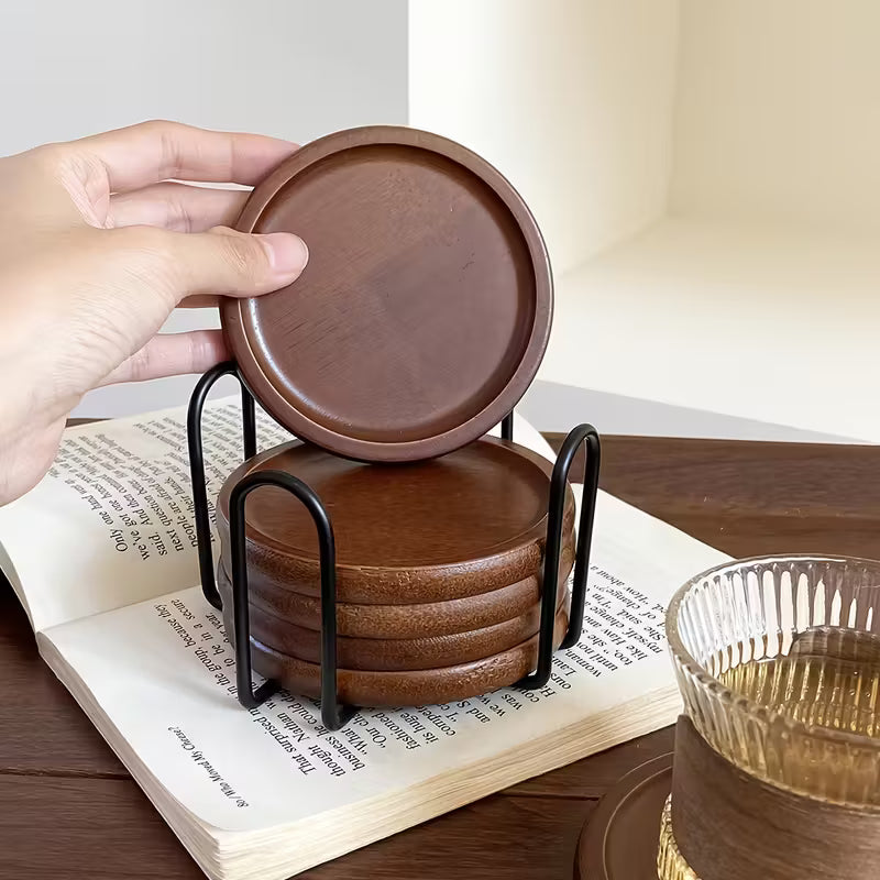 Set Japanse Bamboe Houten Onderzetters – Met IJzeren Standaard, Hittebestendig.