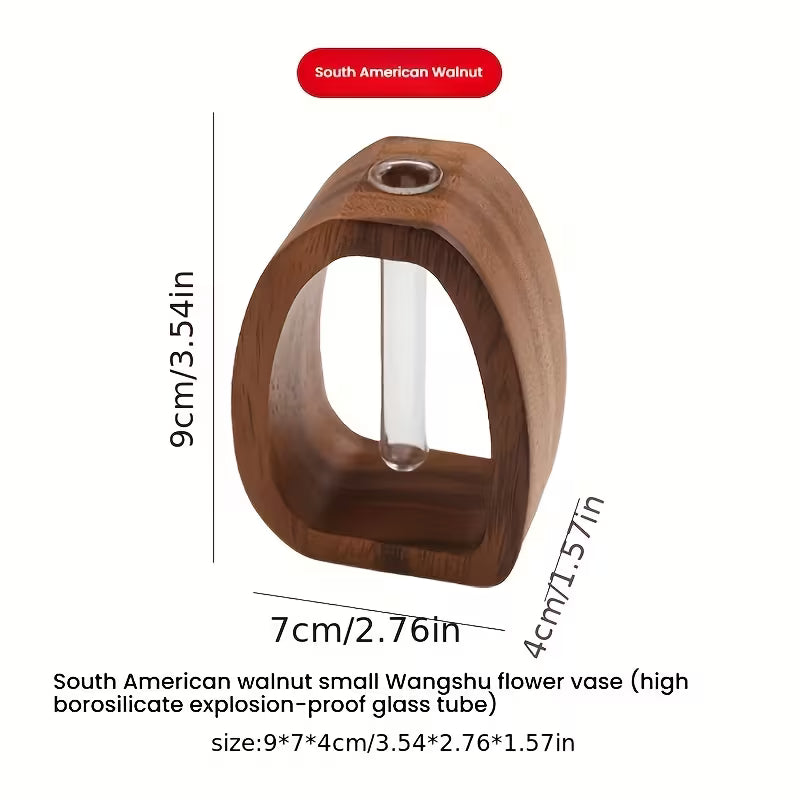 Stijlvolle Walnoot Vaas met Glazen Buis – Minimalistisch & Eigentijds